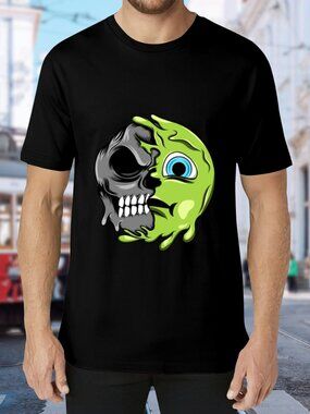 Black Short Sleeve Graphic Tee with Green Skull-Moon Design